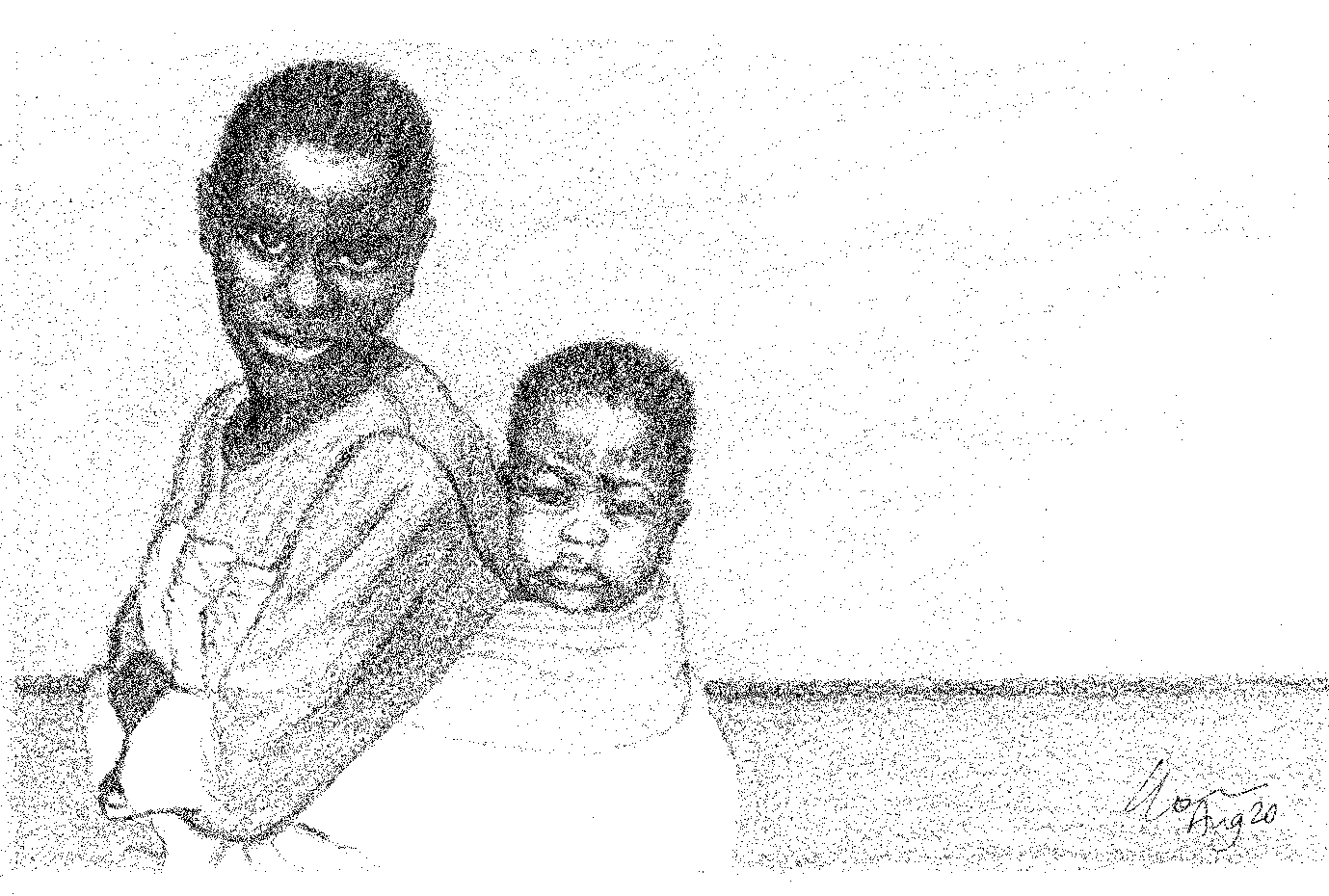 a black and white pencil drawing of a black woman with short hair who looks directly to the viewer. She is carrying her baby on her back in a cloth.