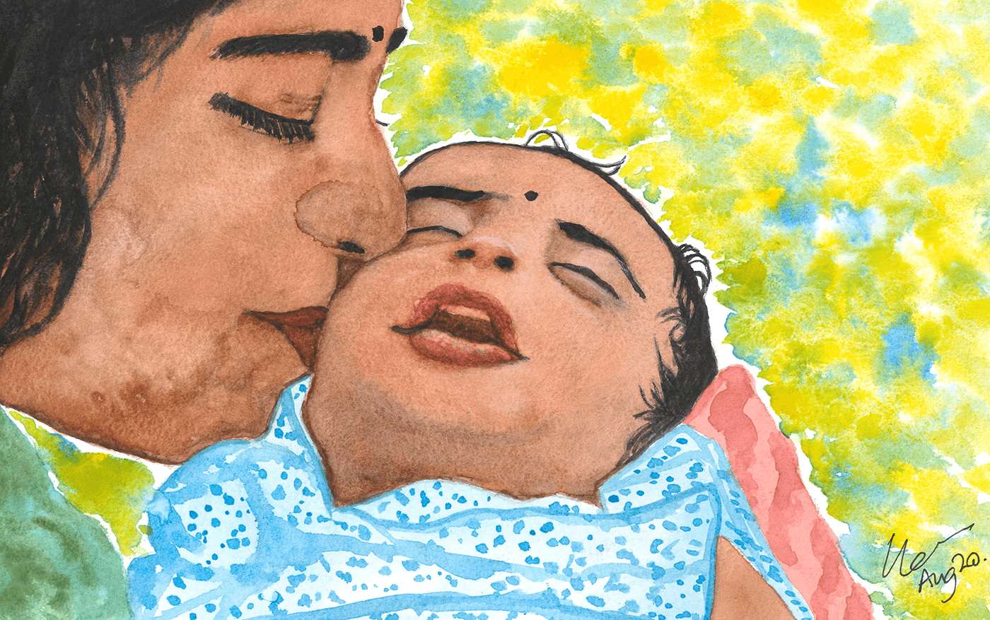 a painting of a woman with brown skin and dark hair kisses her newborn baby