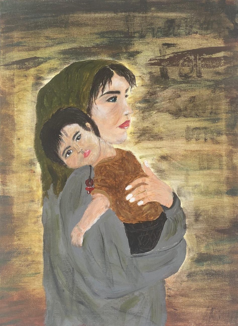 a painting of a woman with pale skin and dark hair looks to the side. She is wearing a head scarf and is holding her toddler who is looking at the viewer