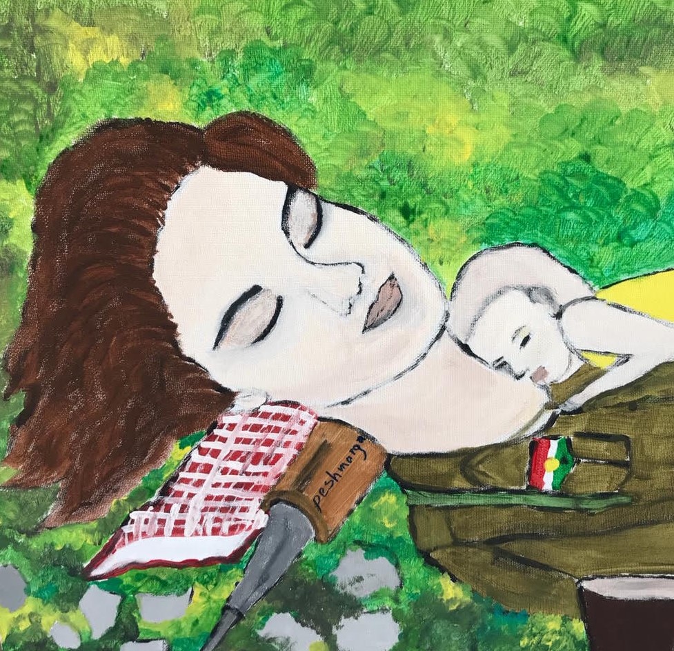 a painting of a white woman with brown hair who is resting with her baby on her chest